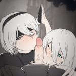 1boy 2_girls animated anonymous double_fellatio fellatio gif looking_at_partner loop male/female nier:_automata one_eye_closed oral pov pov_eye_contact sucking_penis teamwork veiny_penis yorha_no._2_type_b