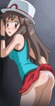  1girl against_wall ass awa bare_shoulders blue_(pokemon) blush brown_eyes brown_hair from_side hat highres long_hair looking_at_viewer open_mouth panties pokemon pokemon_(game) pokemon_frlg red_skirt skirt skirt_lift solo underwear 