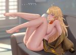  1girl 1girl 1girl ahoge artist_name azto_dio barefoot big_breasts blonde_hair bottomless breasts brown_jacket censored feet full_body high_resolution jacket legs long_hair long_legs looking_away mosaic_censoring nopan patreon_username purple_eyes pussy rwby sitting toes yang_xiao_long 