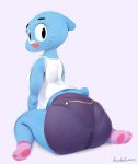 1girl 1girl anthro ass blue_fur cartoon_network cat clothed clothing digital_media_(artwork) feline fur furry legwear looking_at_viewer mammal musikalgenius nicole_watterson open_mouth pose short_tail shorts simple_background slightly_chubby smile socks the_amazing_world_of_gumball