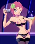 1girl breasts camera exposed_breasts female female_only lingerie looking_at_viewer mostly_nude panties short_hair solo standing stockings tecna winx_club zfive