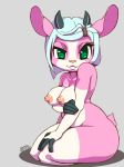 1girl 1girl 2017 4_fingers anthro big_eyes blue_hair breasts caprine erect_nipples eyelashes fur furry goat green_eyes hair hairclip horizontal_pupils horn kaitou kneel lomo looking_at_viewer mammal nipples pink_fur side_view signature simple_background smile white_fur