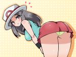 1girl ass bent_over blue_(pokemon) blush brown_eyes brown_hair chro_(rulurullu) from_behind green_panties hat long_hair looking_back panties pantyshot pantyshot_(standing) pokemon pokemon_(game) pokemon_frlg red_skirt skirt skirt_lift solo standing underwear wristband