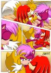  bbmbbf bed bisexual breast_sucking breasts comic hugging kissing knuckles_the_echidna miles_"tails"_prower mobius_unleashed multiple_tails nude one_drink_too_many palcomix sega smile sonia_the_hedgehog sonic_(series) sonic_the_hedgehog_(series) sonic_underground tail threesome 