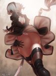  1girl artist_name ass black_gloves black_legwear blindfold gloves hairband jack_hamster looking_to_the_side nier:_automata nier_(series) short_hair signature stockings thighs upskirt white_hair yorha_no._2_type_b 