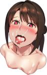 1girl absurdres barefoot blush breasts brown_eyes brown_hair censored cum cum_in_mouth drooling facial fellatio full_body heart heart-shaped_pupils heart_eyes highres idolmaster idolmaster_cinderella_girls licking long_hair looking_at_viewer masturbation mosaic_censoring nipples noitama nude one_side_up open_mouth oral penis saliva shimamura_uzuki simple_background solo_focus spread_legs symbol-shaped_pupils white_background