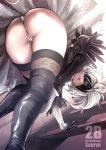  1girl ass black_dress blindfold climbing dress nier:_automata nier_(series) panties silver_hair souryu stairs underwear wedgie white_panties yorha_no._2_type_b 