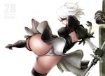 1girl ass black_legwear gloves kicking nier:_automata nier_(series) partially_visible_vulva short_hair simple_background souryu stockings sword thighs weapon white_background white_hair yorha_no._2_type_b