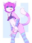 1girl 5_fingers anthro armwear cat clothed clothing crop_top crossdressing erection feline fur furry girly green_eyes hair humanoid_penis legwear low-angle_view male mammal nobusuke partially_retracted_foreskin penis pink_fur pink_hair shirt simple_background standing stockings teen thong tongue tongue_out uncut young
