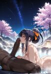 1boy1girl 1girl ai_generated akeno_himejima ass curvy curvy_female curvy_figure dark-skinned_male dark_skin fellatio high_school_dxd licking_penis long_hair night night_sky nude onsen ponytail sex