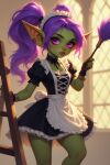 big_ass goblin goblin_female green_skin maid maid_uniform pink_eyes purple_hair