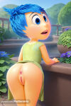1girl 1girl 1girl ai_generated anus artist_name ass bent_over blue_eyes blue_hair cleft_of_venus clothes_lift day disney dress flower from_behind green_dress high_res humanization inside_out inside_out_2 joy_(inside_out) leaning_forward looking_at_viewer looking_back no_panties open_mouth outside pixar plant progenarts pussy short_hair short_sleeves uncensored web_address