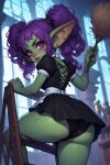 big_ass goblin goblin_female green_skin maid maid_uniform pink_eyes purple_hair