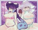 1girl 2_girls big_breasts bikini breasts callie_(splatoon) chocolate_ice_cream cleavage green_bikini ice_cream kittykqt long_hair looking_at_viewer marie_(splatoon) mole navel nintendo pink_bikini splatoon splatoon_(series) squid_sisters tentacle_hair thick_thighs tongue tongue_out yellow_eyes