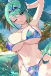 1girl alluring beach big_breasts bikini blue_bikini blurry blurry_background blush cleavage cowboy_shot floral_print floral_print_bikini green_bikini green_eyes green_hair high_ponytail high_res long_hair one_eye_closed palm_tree pneuma_(xenoblade) ponytail print_bikini swimsuit tree xenoblade_(series) xenoblade_chronicles_2 zer00han
