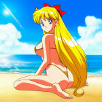1girl accurate_art_style adult_swim alluring bare_legs beach bishoujo_senshi_sailor_moon bishoujo_senshi_sailor_moon_r bishoujo_senshi_sailor_moon_r_the_movie bishoujo_senshi_sailor_moon_s bishoujo_senshi_sailor_moon_s_the_movie bishoujo_senshi_sailor_moon_supers bishoujo_senshi_sailor_moon_supers_the_movie blonde_hair blue_sky minako_aino ocean orange_bikini sideboob toei_animation toonami wolf_(artist)