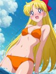 1girl adult_swim alluring bikini bishoujo_senshi_sailor_moon bishoujo_senshi_sailor_moon_r bishoujo_senshi_sailor_moon_r_the_movie bishoujo_senshi_sailor_moon_s bishoujo_senshi_sailor_moon_s_the_movie bishoujo_senshi_sailor_moon_supers bishoujo_senshi_sailor_moon_supers_the_movie blonde_hair blue_eyes blue_sky cleavage free_spirit_(artist) medium_breasts minako_aino nervous ocean orange_bikini toei_animation toonami wet