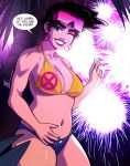 bikini bikini_top breasts denim_shorts fireworks grin jubilation_lee jubilee looking_at_viewer marvel marvel_comics micro_shorts microshorts one_eye_closed outside shorts smiling_at_viewer sunglasses sunglasses_on_head triplexmile x-men