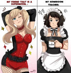 1girl 2_girls ann_takamaki black_eyes black_hair blonde_hair blue_eyes breasts clothed coffee coffee_mug female_only fishnets high_heel_boots karbuitt latex_clothing looking_at_viewer maid maid_headdress maid_uniform megami_tensei meme multiple_girls persona persona_5 persona_5:_dancing_star_night persona_5_royal sadayo_kawakami twin_tails