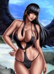 1girl 1girl 1girl alluring bare_legs big_breasts black_hair black_wings breasts cleavage dead_or_alive dead_or_alive_6 dead_or_alive_xtreme dead_or_alive_xtreme_2 dead_or_alive_xtreme_3 dead_or_alive_xtreme_3_fortune dead_or_alive_xtreme_beach_volleyball dead_or_alive_xtreme_venus_vacation female_only flowerxl looking_at_viewer nyotengu one-piece_swimsuit pinup purple_eyes swimsuit tecmo tengu wings