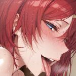 1girl ahegao ahegao_face ai_generated ange_katrina blue_eyes blush close-up light-skinned_female light_skin looking_at_viewer nijisanji open_mouth out_of_frame red_hair saliva sexually_suggestive short_hair steam steamy_breath sweat sweatdrop tongue tongue_out underdog454545 virtual_youtuber vtuber