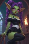 big_ass goblin goblin_female green_skin maid maid_uniform pink_eyes purple_hair