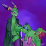 1girl breasts cackletta duxeite fawful femengumisi green_skin horns licking male mario_(series) nintendo oral original pink_eyes signature threesome tongue