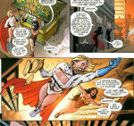 1girl 2_girls alien alien_girl big_breasts big_breasts big_breasts blonde_female blonde_hair blue_eyes boob_window breasts cleavage clothed curves curvy dc_comics dc_comics female_only huge_breasts kryptonian light-skinned_female light_skin mostly_clothed official_art power_girl superheroine superheroine_costume superman_(series) wonder_woman