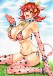 1girl :d akane_(pokemon) alluring alternate_costume animal_ears animal_print armpits artist_name bare_shoulders bell bell_collar big_breasts bikini blush breasts cleavage collar collarbone commentary_request cosplay covered_nipples cow_ears cow_horns cow_print cow_tail cuffs day elbow_gloves fake_animal_ears from_side gloves groin gym_leader hair_between_eyes hair_ornament hairband highres horns huge_breasts large_breasts looking_at_viewer looking_to_the_side low_twintails marker_(medium) miltank miltank_(cosplay) navel open_mouth outdoors pink_bikini pokemon pokemon_(game) pokemon_gsc pokemon_hgss print_bikini print_legwear red_eyes red_hair shackles side-tie_bikini sitting smile solo stomach swimsuit tail takecha teeth thighhighs traditional_media twintails wariza whitney