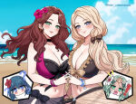 4girls alluring beach big_breasts bikini black_bikini black_choker black_sarong blonde_hair blue_eyes blue_sky blush bow breasts brown_bikini brown_hair brown_sarong byleth_(fire_emblem) byleth_(fire_emblem)_(female) choker cleavage closed_mouth cloud collarbone dorothea_arnault dorothea_arnault_(summer) earrings fire_emblem fire_emblem:_three_houses fire_emblem_heroes flower frilled_bikini frills green_eyes green_hair hair_flower hair_ornament hibiscus intelligent_systems jewelry large_breasts long_hair looking_at_viewer mercedes_von_martritz mercedes_von_martritz_(summer) multicolored_bikini multiple_girls navel nintendo ocean off-shoulder_bikini off_shoulder official_alternate_costume open_mouth outdoors red_flower rein_creamsoda rhea_(fire_emblem) rhea_(summer)_(fire_emblem) sarong sky smile stomach sweat swimsuit teal_hair tribadism_gesture two-tone_bikini water