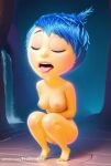 1girl 1girl 1girls ai_generated arms_behind_back barefoot blue_hair breasts closed_eyes disney full_body high_res inside_out inside_out_2 joy_(inside_out) nipples nude nude_female open_mouth pixar progenarts pussy short_hair squatting tongue tongue_out water web_address