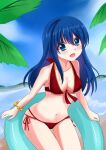 1girl 1girl alluring beach bikini blue_eyes blue_hair day female_focus fire_emblem fire_emblem:_the_binding_blade fire_emblem_heroes holding intelligent_systems lilina_(fire_emblem) long_hair looking_at_viewer nintendo ocean outside palm_tree setoda_(llgo) smile swimsuit tree