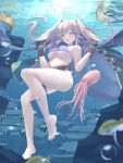 1girl alluring bare_legs belt big_breasts bikini brown_eyes brown_gloves cleavage fire_emblem fire_emblem_awakening fire_emblem_heroes fire_emblem_warriors gloves high_res intelligent_systems long_hair looking_at_viewer nintendo o-ring o-ring_bikini o-ring_top octopus official_alternate_costume open_mouth purple_bikini revvie robe robin_(fire_emblem) robin_(fire_emblem)_(female) robin_(summer)_(fire_emblem)_(female) submerged swimsuit twin_tails underwater white_hair
