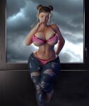 1girl big_breasts brown_eyes brown_hair bubble_butt chun-li cleavage cursedmadara horny inviting_to_sex looking_at_viewer pose standing street_fighter teasing thick_thighs undressing