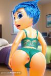 1girl 1girl 1girl ai_generated anus ass bed blue_eyes blue_hair bra disney from_behind high_res indoors inside_out inside_out_2 joy_(inside_out) looking_at_viewer looking_back open_mouth panties pixar progenarts short_hair tongue tongue_out underwear underwear_only web_address