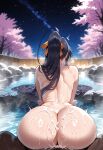  1boy1girl 1girl ai_generated akeno_himejima curvy curvy_female curvy_figure dark-skinned_male dark_skin doggy_position high_school_dxd long_hair night night_sky nude onsen ponytail sex sex_from_behind standing_doggy_style 