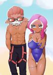 1boy 1girl abs ass_visible_through_thighs bare_shoulders big_breasts blush breast_grab breasts cleavage curly_hair grabbing grabbing_another's_breast grabbing_breasts hs3_ika inkling inkling_boy male mask nintendo octoling octoling_girl pink_hair red_hair shades shiny_skin splatoon_(series) splatoon_3 sunglasses swimsuit tentacle_hair thighs