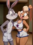 1boy 1girl ai_generated basketball_uniform breasts bugs_bunny clothed_anthro erection erection_under_clothes furry furry_female furry_male gif gloves gray_fur lola_bunny looking_at_penis looney_tunes penis pink_fur short_shorts space_jam