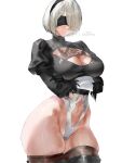 1girl big_breasts blindfold bubble_butt cleavage horny igiroitsu inviting_to_sex nier nier:_automata nier_(series) pose standing stockings teasing thick_thighs white_hair yorha_no._2_type_b