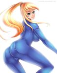 1girl 1girl artist_logo ass big_breasts blonde_hair blue_eyes blue_suit breasts covered_erect_nipples female_focus flowerxl formal_clothes logo long_hair looking_at_viewer metroid nintendo red_ribbon ribbon samus_aran simple_background smile suit thighs watermark web_address white_background zero_suit