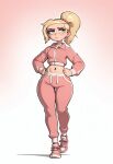 ai_generated bare_thighs belly_piercing big_breasts blat_0 blonde_hair blue_eyes courtney_babcock huge_thighs light-skinned_female light_skin paranorman ponytail solo_female squatting sweat sweatdrop thick_body thick_female thick_thighs thighs track_suit voluptuous voluptuous_female