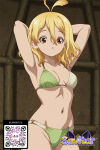 1girl 1girl 1girl ai-generated antenna_hair armpits arms_behind_head arms_up bikini blonde_hair breasts brown_eyes clothing collarbone dr_stone green_bikini groin hair_between_eyes littlehentai looking_at_viewer medium_breasts medium_hair multicolored_bikini navel parted_lips savitar savitar_(artist) small_breasts suika_(dr.stone) swimsuit two-tone_bikini