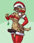 anthro breasts christmas clothing dickgirl evening_gloves furry hat holidays humanoid_penis hyena intersex legwear limebreaker looking_at_viewer mammal mistletoe penis plant precum santa_hat stockings testicles