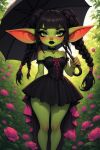 1girl goblin goblin_female goth goth_girl gothic_lolita green_skin solo_female solo_focus twin_braids