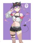 1girl ? ai_generated blush breasts cap choker collarbone demon_girl ear_piercing earrings green_eyes hips hololive hololive_japan legwear looking_at_viewer navel navel_piercing peace_sign purple_hair smile tokoyami_towa twin_tails unaware v virtual_youtuber vtuber xeno4994