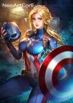 1girl belt blonde_hair blue_eyes captain_america captain_america_(series) female female_only genderswap headwear_removed helmet helmet_removed long_hair looking_at_viewer marvel marvel_comics non-nude nudtawut_thongmai ponytail rule_63 shield solo steve_rogers uncensored