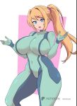 1girl alluring artist_name big_breasts blonde_hair blue_bodysuit blue_eyes bodysuit bouncing_breasts impossible_bodysuit impossible_clothes long_hair looking_down metroid momocka-art momocka_art nintendo ponytail samus_aran simple_background skin_tight standing white_background zero_suit