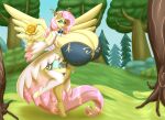 anthro blues64 fluttershy fluttershy_(mlp) gigantic_breasts mr.pink my_little_pony pink_hair tail wings yellow_skin