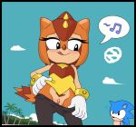 1boy 1girl 2025 anthro beach black_eyes black_pants blue_body blush bracelets clothed clothing eulipotyphlan exposed_pussy female_focus girdled_lizard gloves head_spikes hedgehog high_res licking_lips licking_own_lips lizard looking_at_another looking_back mammal musical_note musical_symbol no_underwear orange_body outside pants_down presenting_pussy pubes pubic_hair pussy reptile scalie sega smile sonic_the_hedgehog sonic_the_hedgehog_(series) spikes_(anatomy) sungazer_(lizard) tongue tongue_out trip_the_sungazer wanting_sex zeta_r-02