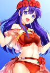 1girl 1girl alluring bikini blue_background blue_eyes blue_hair cleavage_cutout clothing_cutout cowboy_shot day female_focus fire_emblem fire_emblem:_the_binding_blade fire_emblem_heroes gradient_background head_wreath intelligent_systems jurge lilina_(fire_emblem) lilina_(summer)_(fire_emblem) long_hair navel nintendo open_mouth outside red_bikini simple_background stomach swimsuit waist_cape